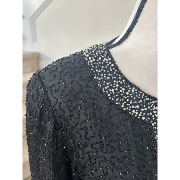 Vintage Old Money Black Silk Faux Pearl Trim Beaded Blazer Evening Jacket - Picture 4 of 9